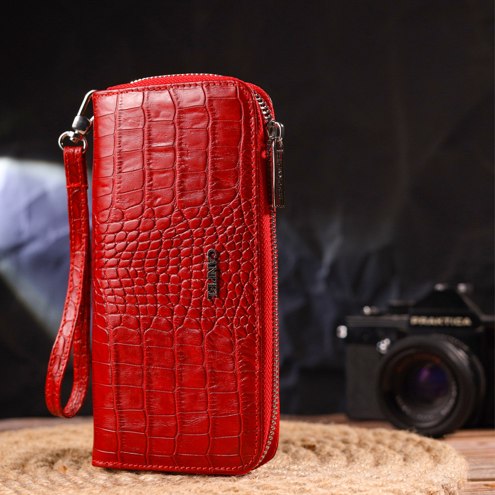 Горизонтальний яскравий гаманець для жінок із натуральної фактурної шкіри під крокодила CANPELLINI 21621 Червоний Київ - фото 6