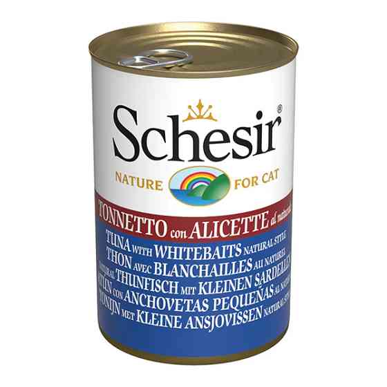 Schesir Tuna with Whitebaits ШЕЗІР ТУНЕЦЬ З АНЧОУСАМИ в бульйоні натуральні консерви для котів, вологий корм, банка 140г Київ