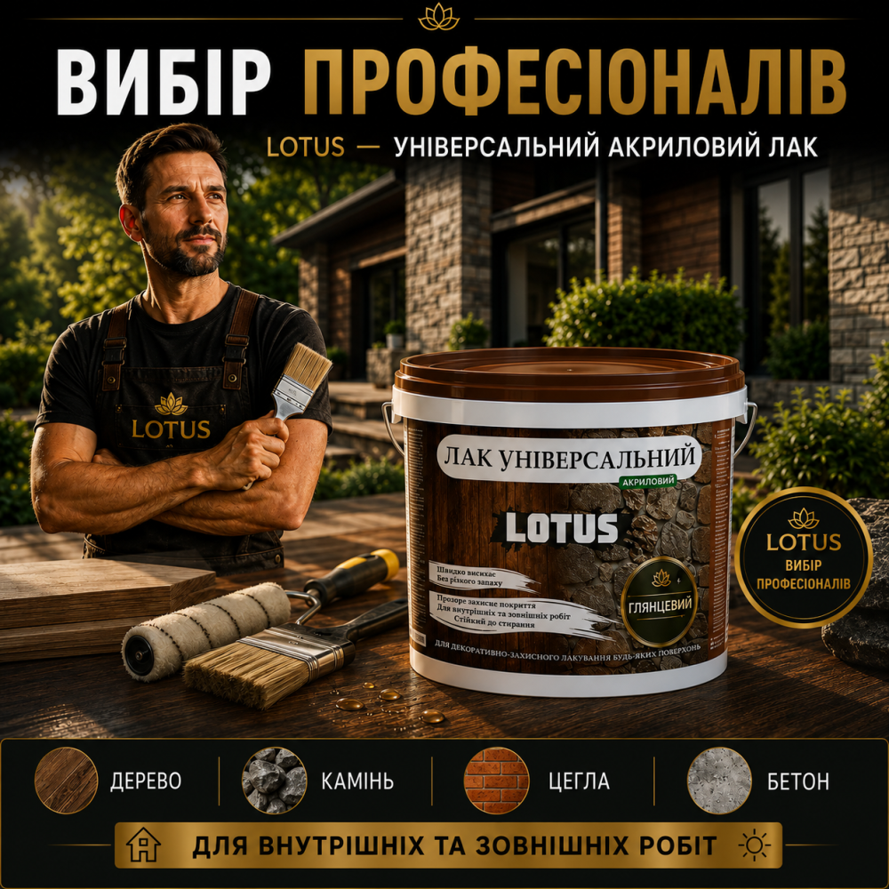 Лак універсальний акриловий LOTUS прозорий напівматовий без запаху зносостійкий для дерева, каменю, бетону та інших поверхонь 5 л Харків - фото 14