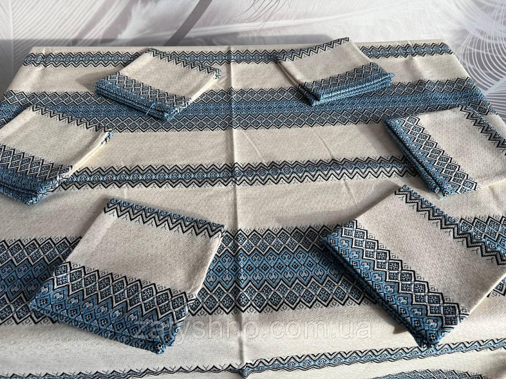 Блакитна вишита скатертина з серветками на льону Київ - фото 10