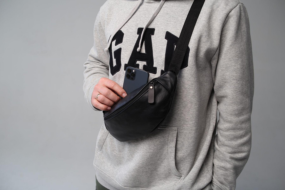 Чоловіча сумка на пояс (бананка) з натуральної шкіри SL008 (Чорна) Суми - фото 8