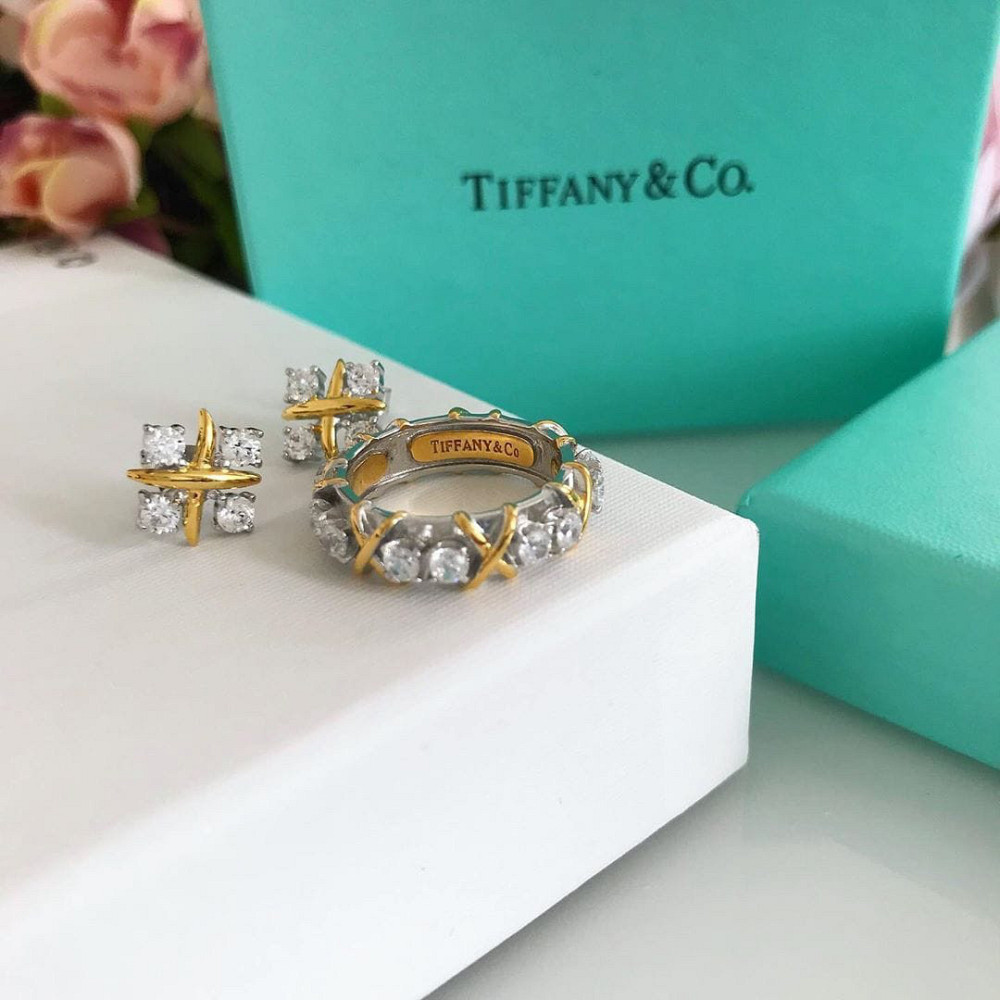 Tiffany Тіффані набір — кільце та сережки з хрестиками срібло 925, позолота/подарункове паковання Одеса - фото 6