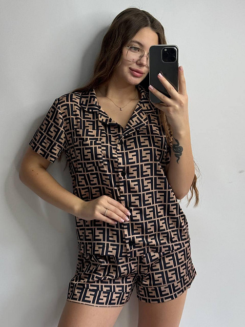 Піжама жіноча з сатину з шортами і сорочкоюКоричневий XS/S Харків - фото 1