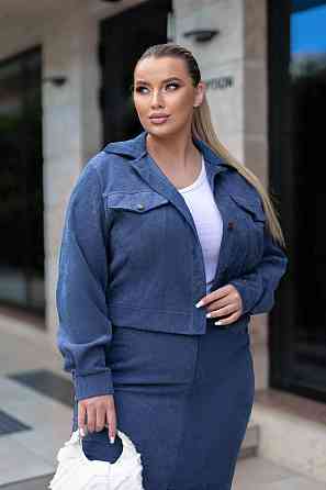 Жіночий стильний костюм-двійка: жакет і спідниця мікровельвет Джинс, 50 Одеса