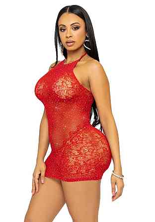 Сукня-сітка зі стразами Leg Avenue Rhinestone halter mini dress Red, відкрита спина, one size Sex Aura Київ