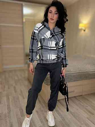Женский прогулочный теплый костюм: кофта в клетку и штаны турецкий двусторонний флис Графит, 46/48 Одесса