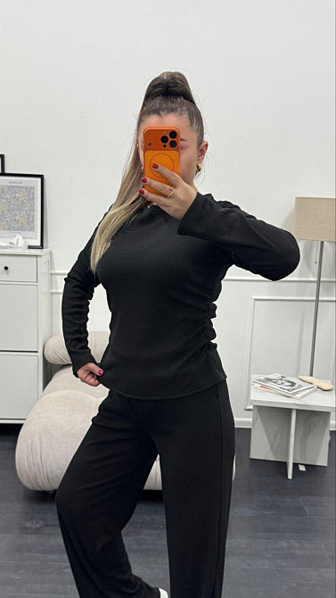 Жіночий базовий костюм-двійка: лонгслів і штани трикотажний рубчик Чорний, 50/52 Одеса - фото 3