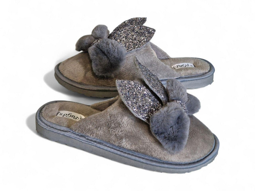 Тапочки домашние комнатные женские зайки с блестящими ушками серый Одесса - изображение 1