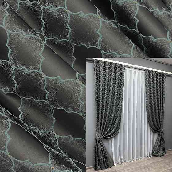 Комплект готовых штор VR-Textil Жаккард SAPFIR № 1754ш Графитовый с бирюзовым 100х300 см 2 шт (31-815) Киев