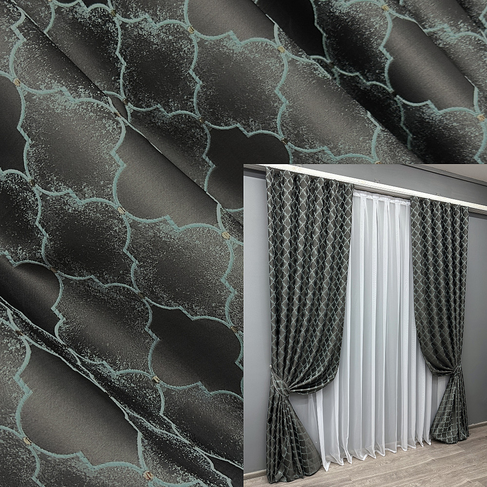 Комплект готовых штор VR-Textil Жаккард SAPFIR № 1754ш Графитовый с бирюзовым 100х300 см 2 шт (31-815) Киев - изображение 1