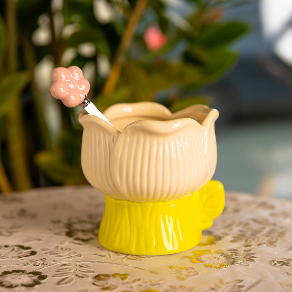 Креманка порцелянова з ложкою у формі квітки 300 (мл) креманка для десертів, морозива та желе Жовтий FM-42BE Коломия - фото 1