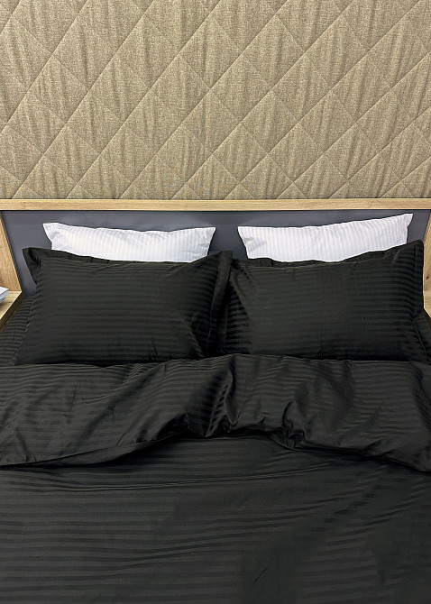 Комплект постельного белья Страйп-сатин Евро 200х230 с простыней на резинке Черный (88-119) Киев - изображение 6