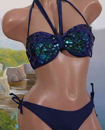 Купальник роздільний з паєтками жіночий пуш ап зелено-синій Київ