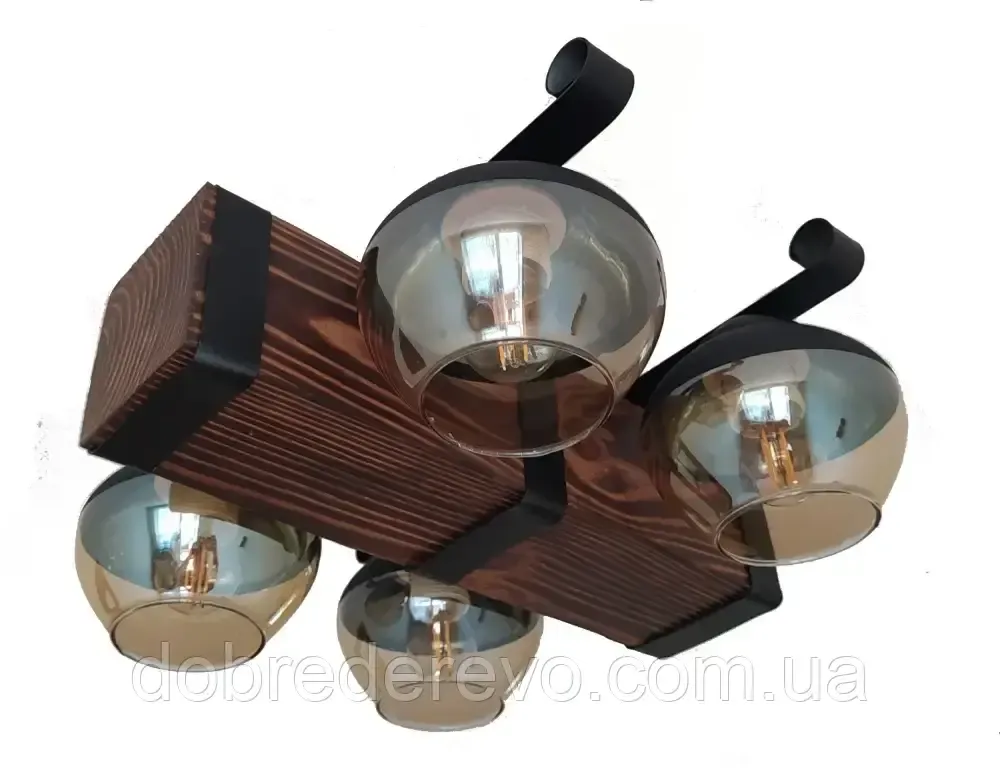 Дерев'яний світильник балка склянним плафоном на ланцюгу Вижниця - фото 1