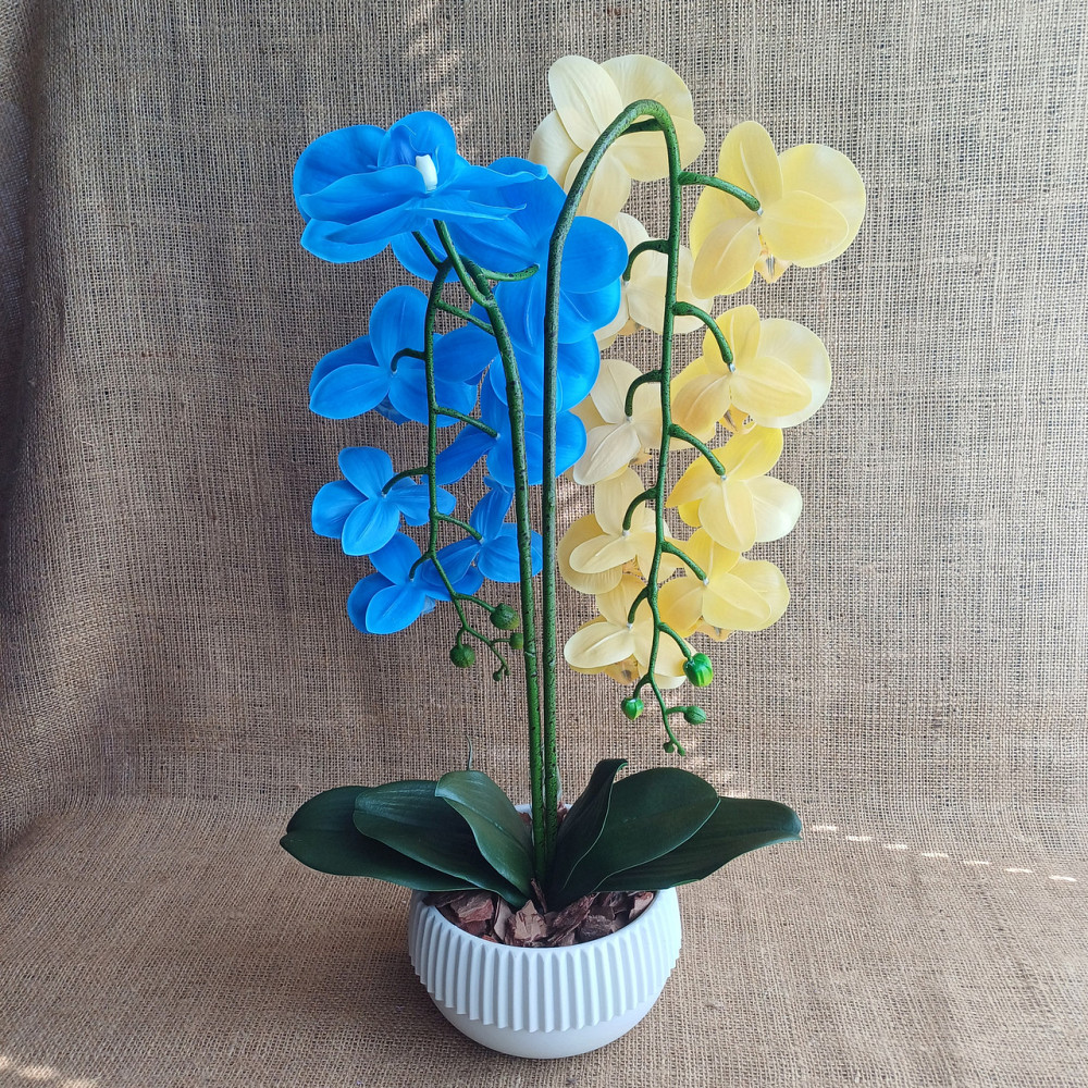 Штучна латексна орхідея VIP на дві гілки жовто-блакитна Дніпро - фото 5