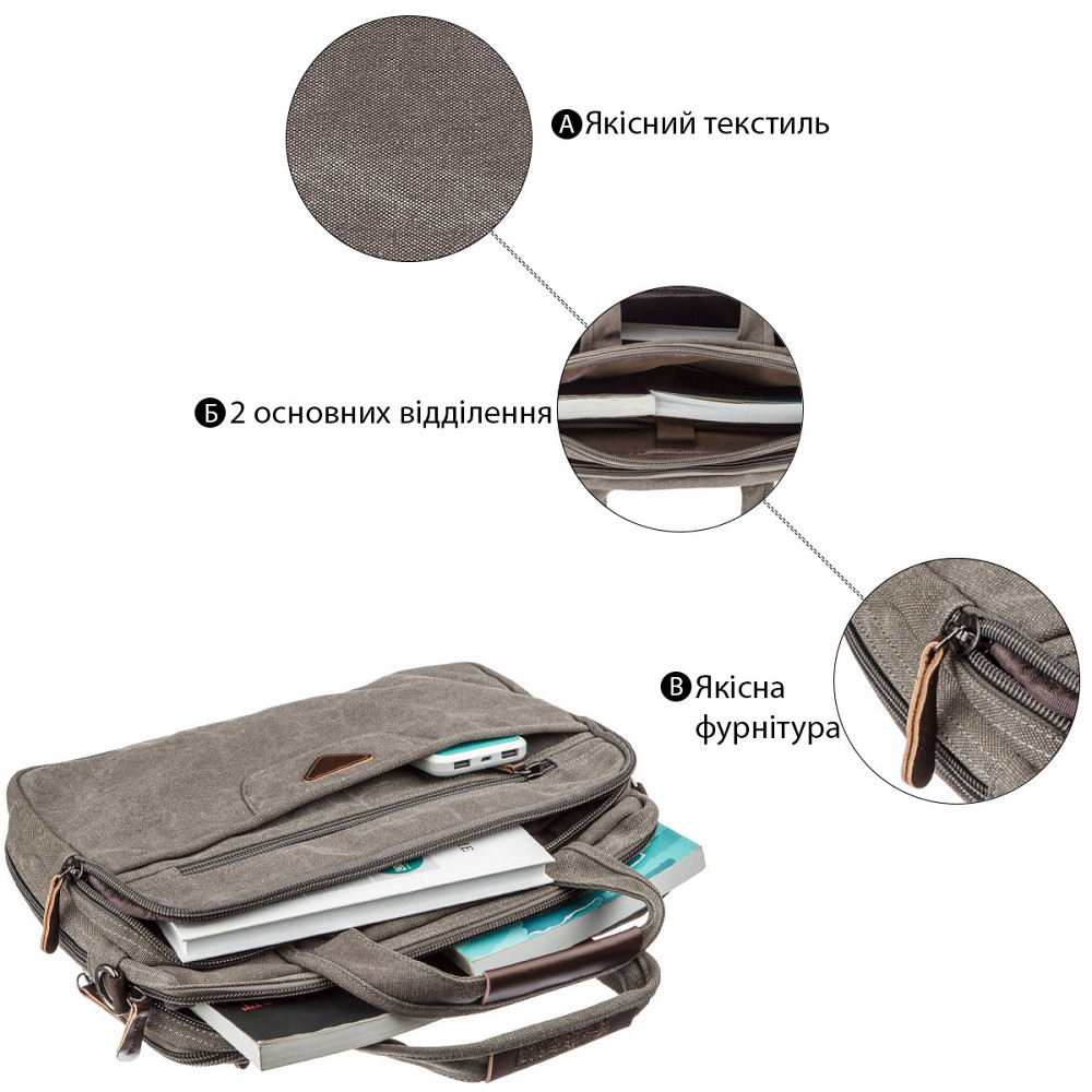 Сумка текстильна для ноутбука Vintage 20086 Сіра Київ - фото 2