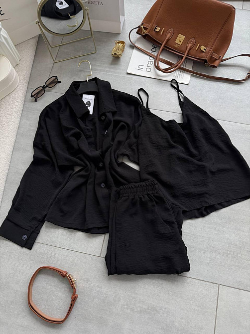 Женский легкий прогулочный костюм тройка: рубашка майка и штаны креп жатка 48/50, Черный Одесса - изображение 5