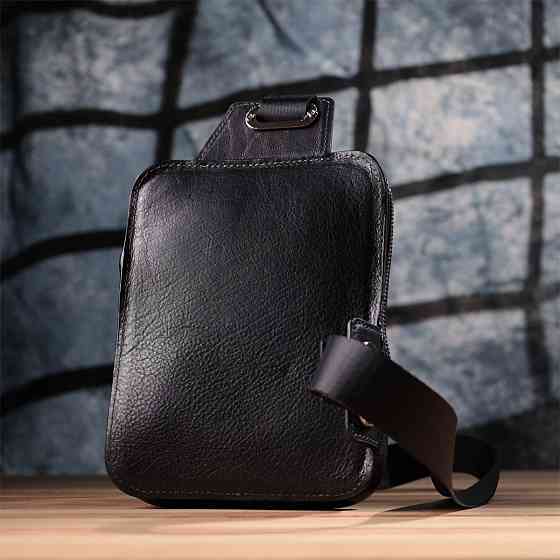 Мужская прямоугольная сумка бананка из зернистой натуральной кожи GRANDE PELLE 22879 Черный Киев