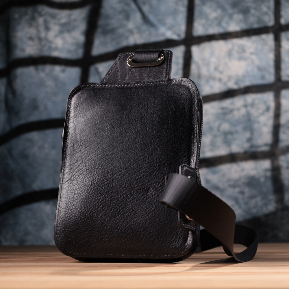 Мужская прямоугольная сумка бананка из зернистой натуральной кожи GRANDE PELLE 22879 Черный Киев - изображение 2