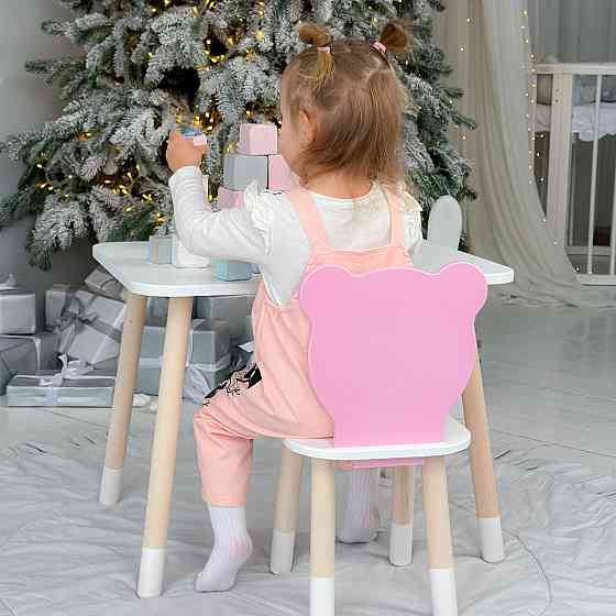 Стіл прямокутний 46х60х45 і стілець медвежа 26х26х24, столик та стільчик в дитячу, білий з рожевим Київ