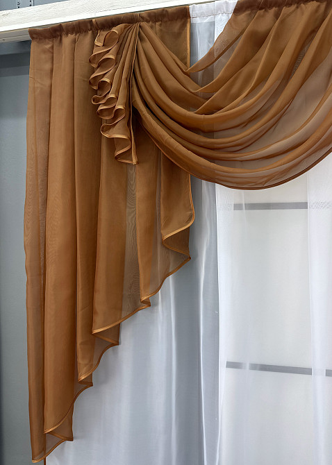 Кухонный ламбрекен VR-Textil № 093к из тюля коричневый с персиковым и белым 200х170 см (52-1214) Киев - изображение 3