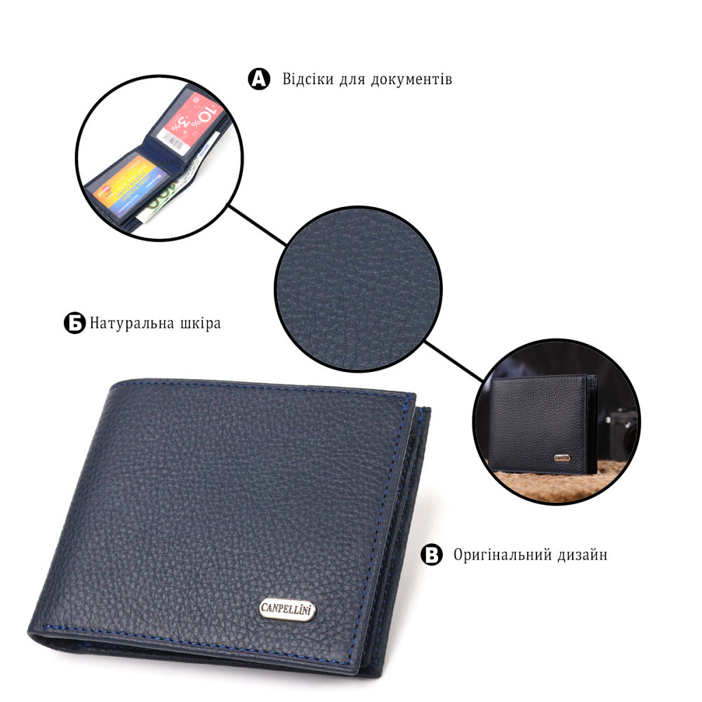 Вместительный кошелек для мужчин в два сложения из натуральной кожи флотар CANPELLINI 21581 Синий Киев - изображение 7
