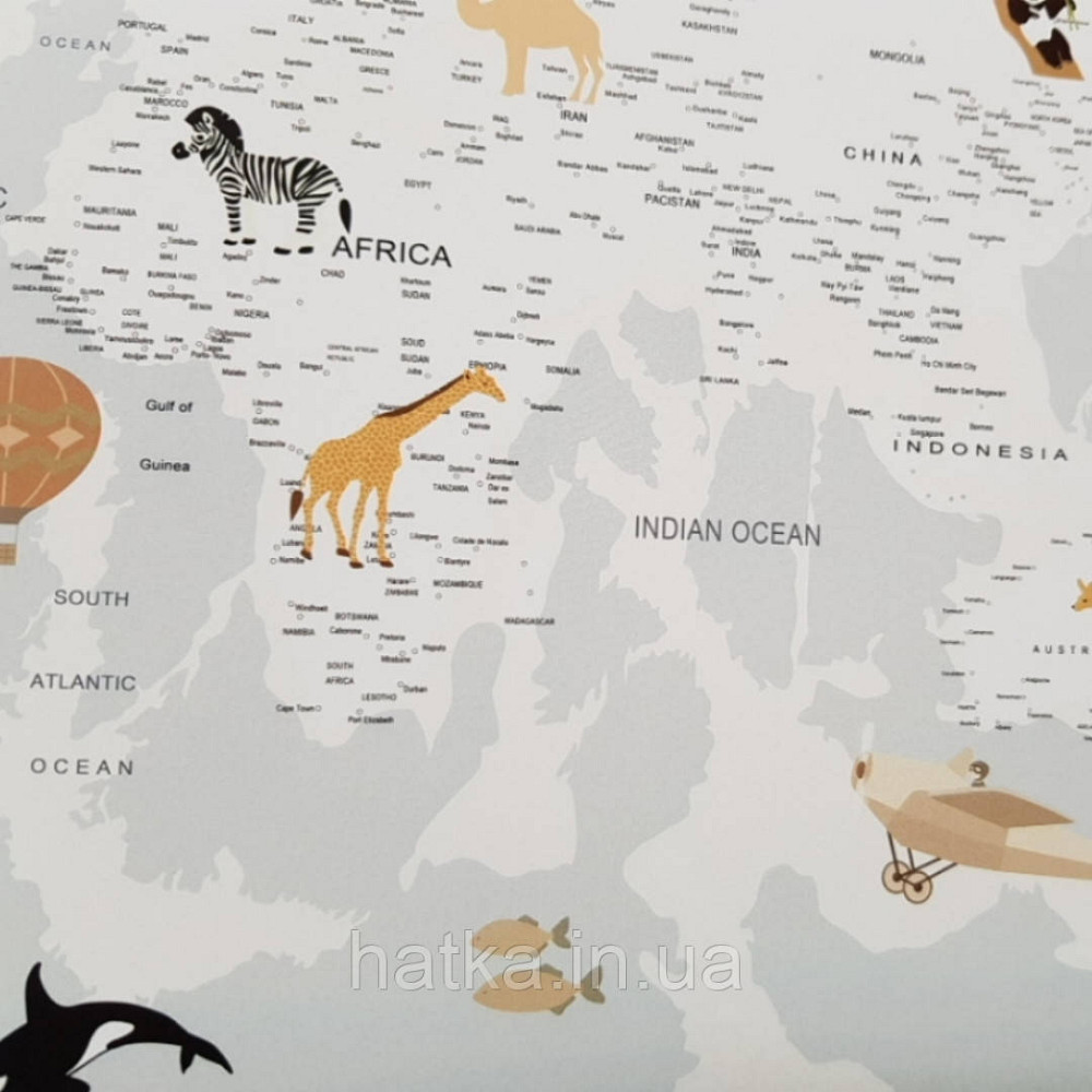 Фотошпалери безшовні флізелінові екологічно чисті Aircraft map дитячі карта світу з тваринами літаками Київ - фото 1