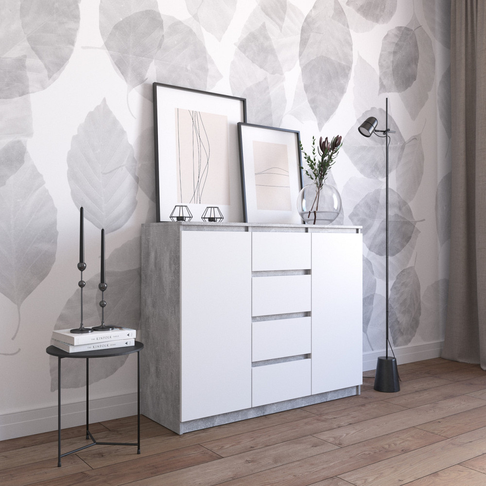 Комод VAYS R-11 Бетон-Білий фасад, 4 шухляди та 2 відділення з полицями, без ручок, ЛДСП, 120×40×98 см - для спальні, вітальні, передпокою Львів - фото 1
