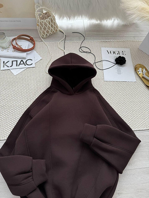 Женская стильная теплая худи с фиксаторами цельная турская трехнить на флисе Шоколад Одесса - изображение 3