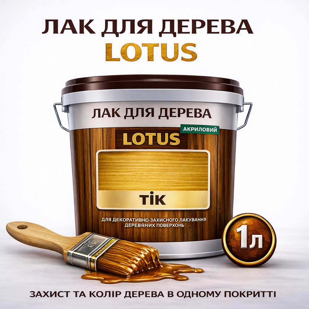 Лак для дерева кольоровий LOTUS Тік, глянцевий, без запаху, зносостійкий, для внутрішніх та зовнішніх робіт, 1 л Харків - фото 1