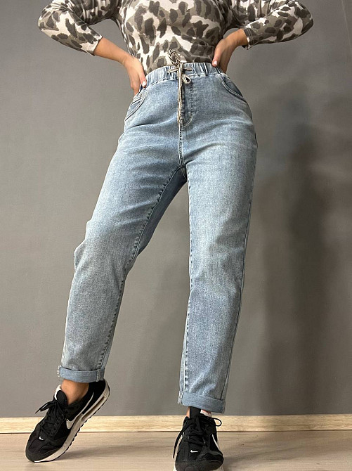 Джинсы женские I8 10029 МОМ талия на резинке со шнурком стрейчевые увеличенные голубые, голубой, 31, Одесса - изображение 1