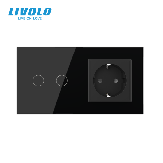 LIVOLO Сенсорний прохідний/перехресний вимикач 2 сенсора 1 розетка LIVOLO чорний матове скло Коломия