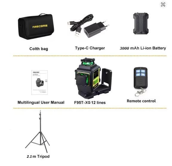 Лазерный уровень нивелир Firecore F95T-XG 3000мА 3D (12 линий) 360 + штатив 2.1м Винница - изображение 9