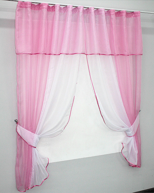Кухонные шторы VR-Textil № 090к с ламбрекеном и подвязками розовый с белым 270х170 см (50-631) Киев - изображение 2