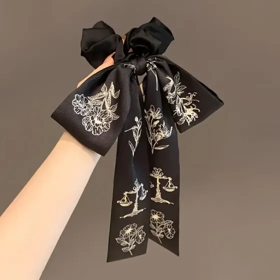 Французька гумка для волосся з чорною атласною стрічкою і квітковим візерунком Киев