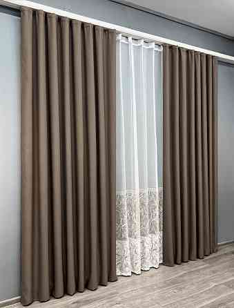 Комплект штор VR-Textil рогожка преміум TERRA LUXE 200х270 2шт і Тюль 600х270 1860ш-1668т Какао з білим 71-115/7 Київ