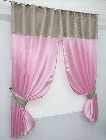 Кухонные шторы VR-Textil № 073к с ламбрекеном и подхватами розовый со светло-бежевым 270х170 см (52-0294) Киев
