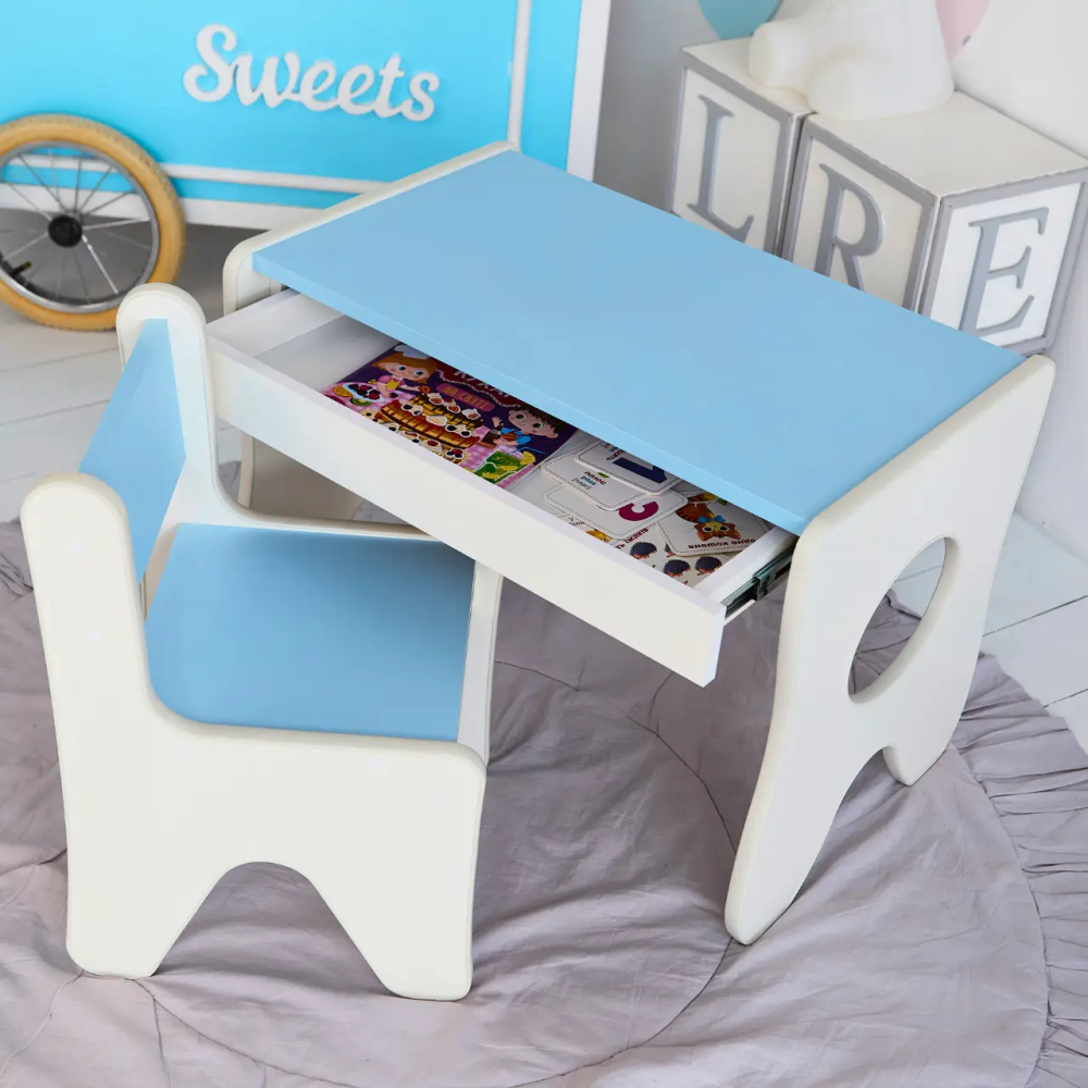 Набір дитячих меблів столик із шухлядою та стільчик 70х45х51 см (Білий з блакитним) Вінниця - фото 2