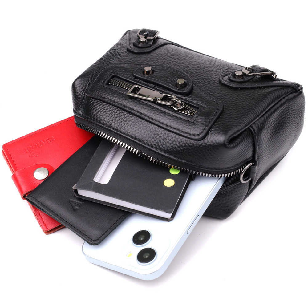 Модна жіноча сумка з натуральної шкіри з актуальним декором Vintage 22922 Чорний Київ - фото 8