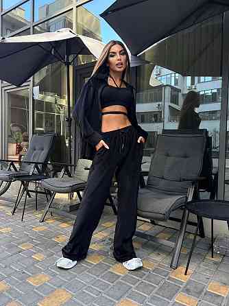 Женский прогулочный костюм двойка: рубашка + штаны палаццо турецкий велюр спорт Черный, 42/44 Одесса