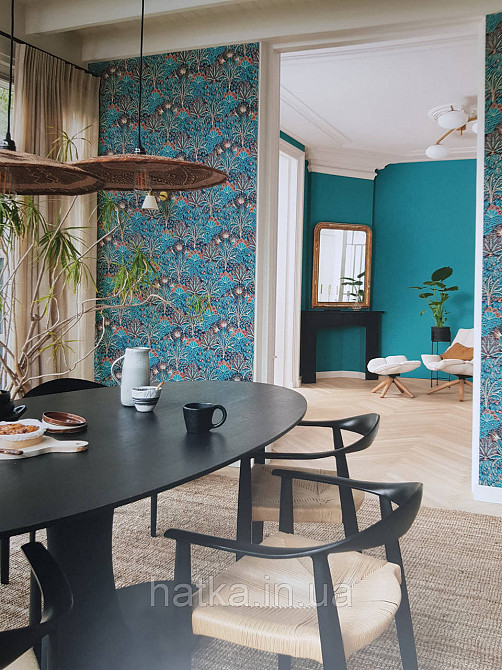 Шпалери флізелінові еко Rasch Sophia 0.53х10 рослинний принт квіти листя бірюза синій із золотом 3д Київ - фото 1