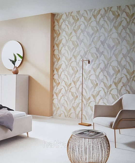 Шпалери метрові вініл на флізелін дизайнерські Erismann Elle Decoration 2 золотисті листя бежеві на білому Київ - фото 1