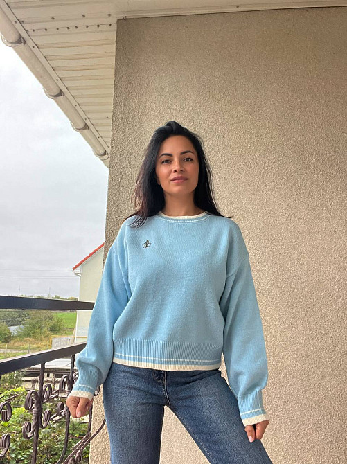 Светр жіночий A-N 6101 широкий оверсайз прикраса вензель попереду з камінням, блакитний, one size Київ - фото 13