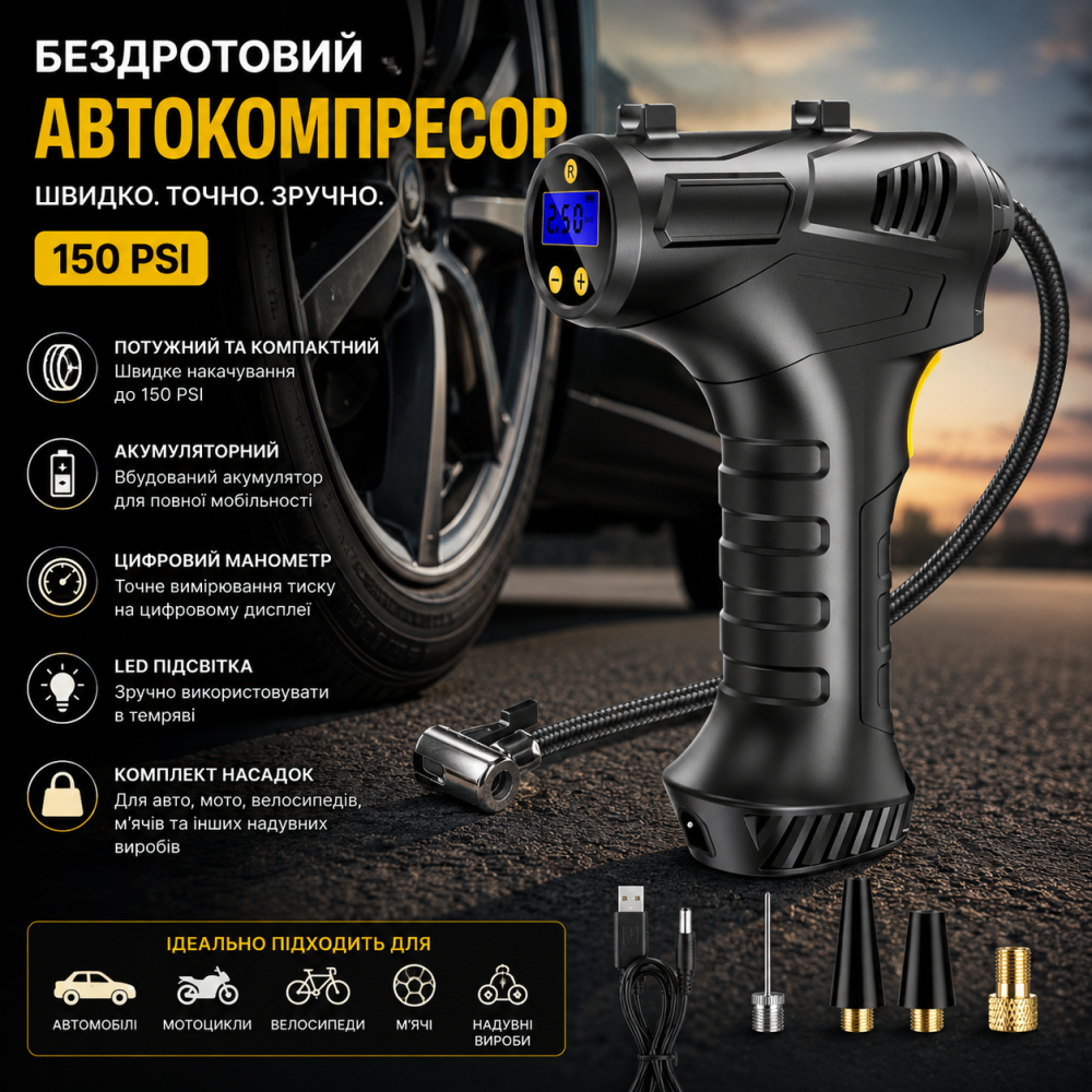 Бездротовий автомобільний компресор ProChosen 150 PSI — Акумуляторний насос для шин із цифровим манометром та LED-світлом Київ - фото 1
