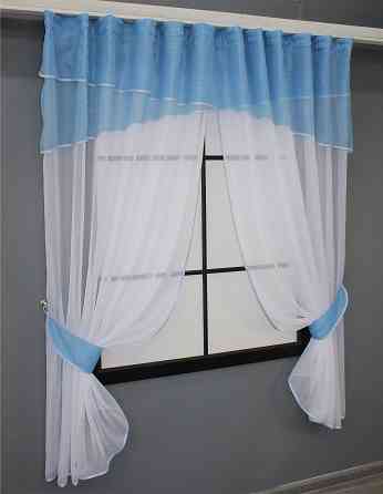 Кухонні штори VR-Textil № 091к з ламбрекеном і підв'язками блакитний з білим 280х170 см (52-0744) Київ