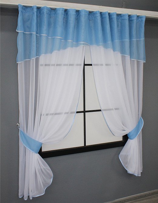 Кухонні штори VR-Textil № 091к з ламбрекеном і підв'язками блакитний з білим 280х170 см (52-0744) Київ - фото 2