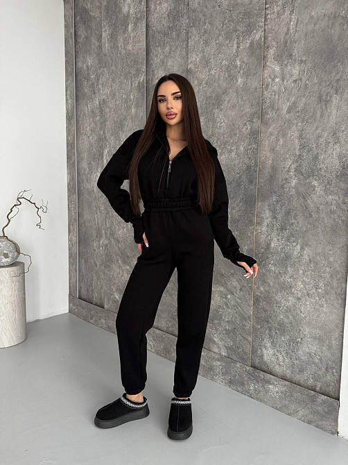 Жіночий теплий повсякденний комбінезон із капюшоном тринитка на флісі Чорний, 48/50 Одеса - фото 10