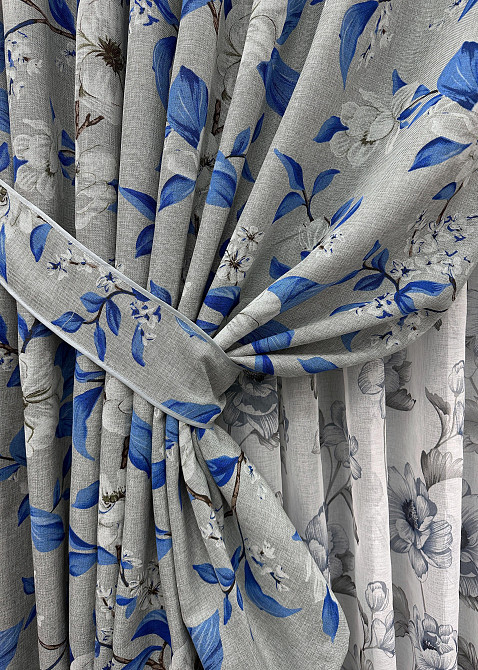 Комплект штор VR-Textil Лен Прованс 200х265 2шт и Тюль 600х265 1725ш-1543т Светло-серый с синим и белым 71-105/7 Киев - изображение 4