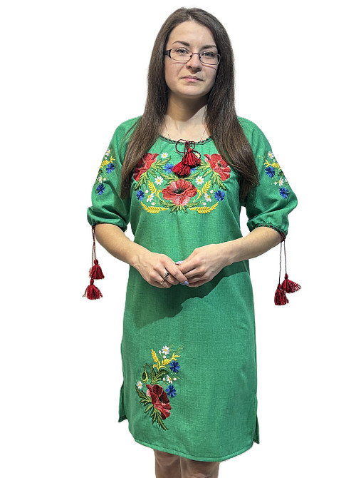 Женское вышитое платье с поясом с очаровательными Маками в зеленом цвете Киев - изображение 2