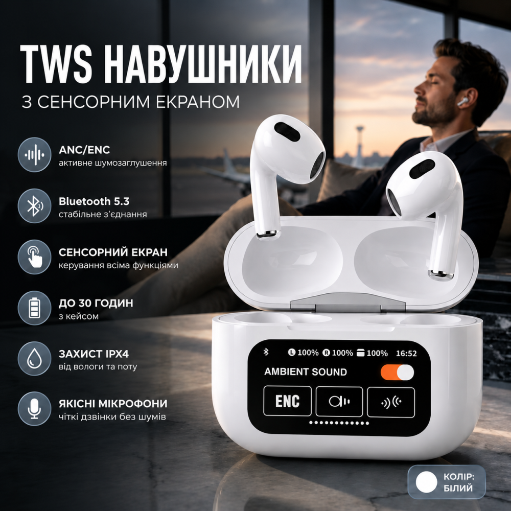 Беспроводные наушники TWS Air A10 Pro ANC с цифровым LCD-дисплеем и активным шумоподавлением, Bluetooth 5.2, White (Белые) Киев - изображение 9